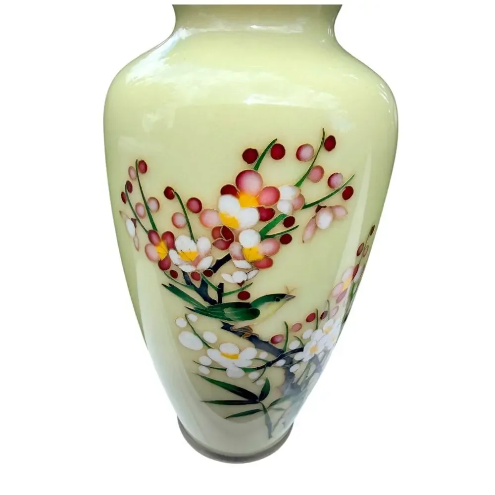 Vintage Gump's Japan Floral Cloisonne Style Celadon Vase Silver Rim 7.5